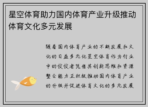 星空体育助力国内体育产业升级推动体育文化多元发展