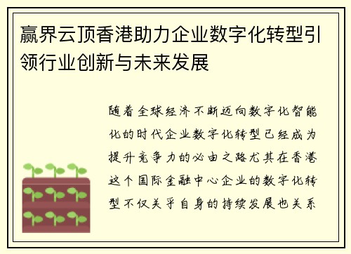赢界云顶香港助力企业数字化转型引领行业创新与未来发展