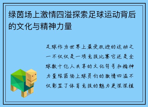 绿茵场上激情四溢探索足球运动背后的文化与精神力量